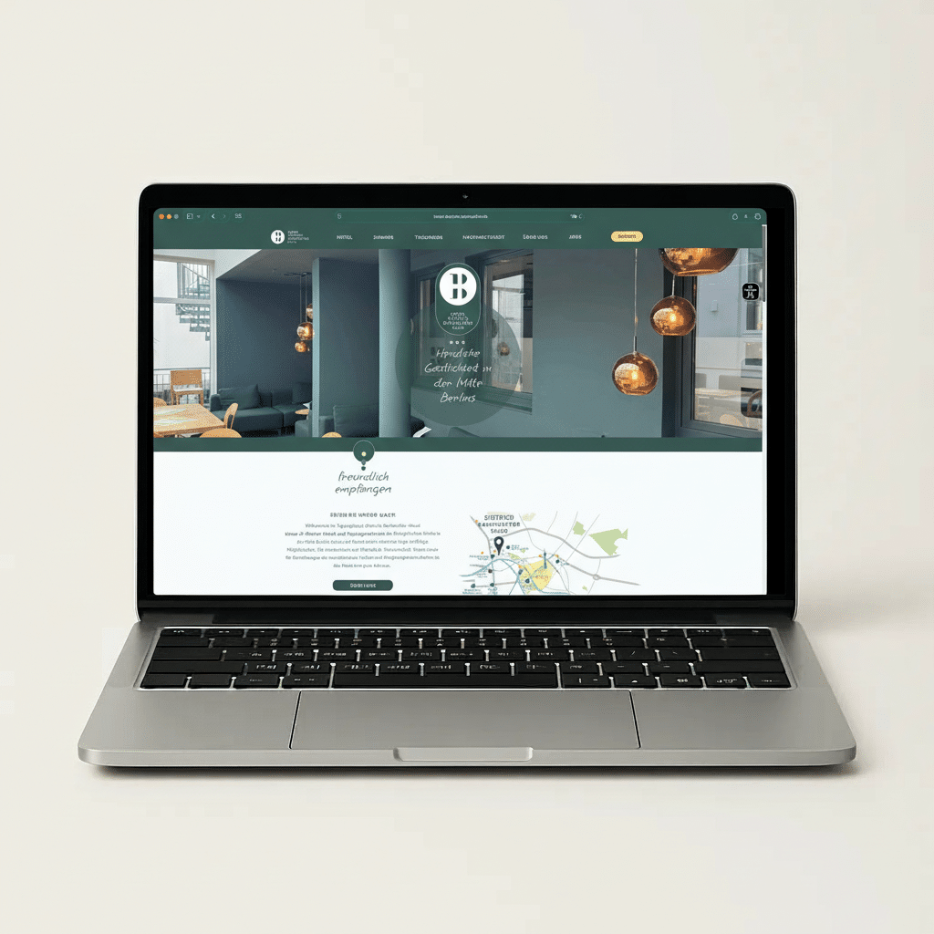 Auf dem Bildschirm eines Laptops ist die von 2G Media & Marketing GmbH in Glonn gestaltete neue Homepage von Hotel Dietrich Bonhoeffer Haus Berlin zu sehen